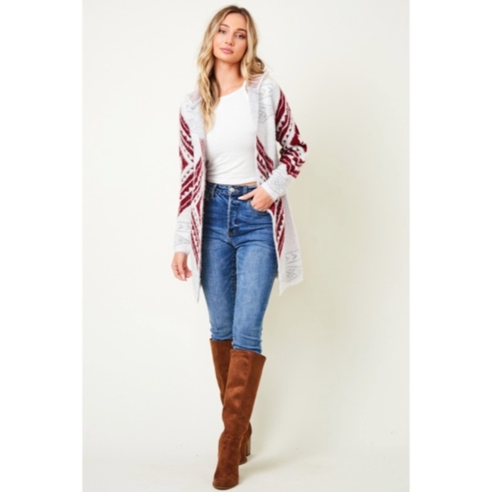 SOLD OUT Wine Fuzzy Soft Knit Long Sleeve Aztec Tribal Native Western Cardigan - Picture 8 of 9